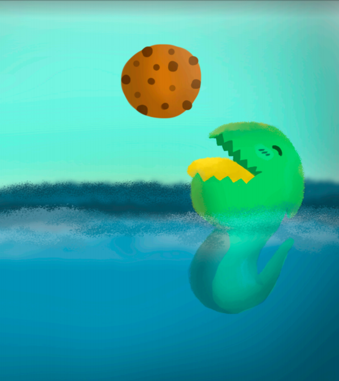 Este dibujo lo hice cuando estaba cursando un optativo de encuadernación, lo hice para que sea mi portada de mi cuaderno de notas, me inspire con el monstruo come galletas y el monstruo del lago ness, use colores como verde y azulados.