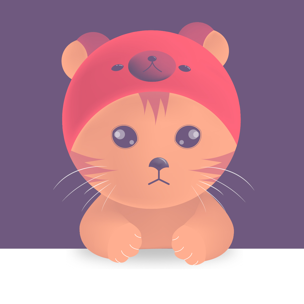 Este es un dibujo hecho en Illustrator, en el 2019, mi idea era practicar las sombras y las herramientas que te da adobe, hice un gato con un gorrito de oso en una mesa, con una paleta de colores rosadas, los colores son #db5871, #685777 y #b76280, mi inspire en una fotografía que encontré en Pinterest puedes ver otros de mis dibujos en mi Instagram.