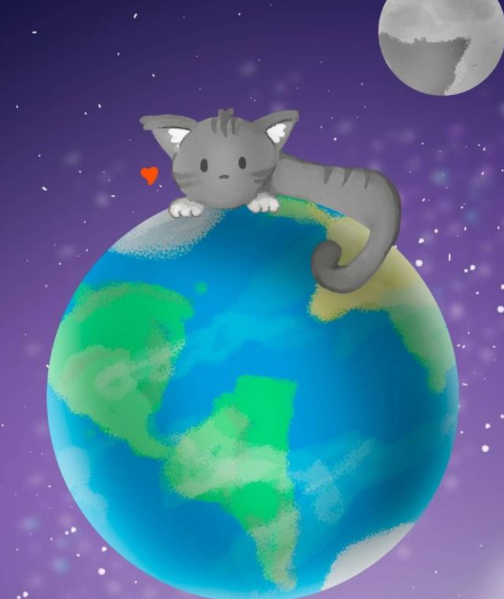 Este dibujo fue hecho con Photoshop, estaba empezando a usar este adobe por lo que estaba practicando, hice a mi gata llamada kiara dominando el mundo, este dibujo era para usarlo como diseño de mi carcasa de celular.